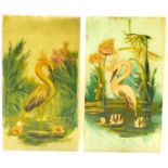 A pair of 19th century hand-painted glass panels depicting cranes in ponds, in mahogany frames, 56 x