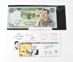 SADDAM HUSSEIN; a first day cover bearing the leader's signature and a bank note 'Saddam Dinar' (2).