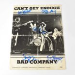 BAD COMPANY; sheet music, 'Can't Get Enough', signed to front cover Mick Ralphs, Simon Kirke, Boz