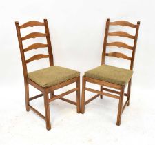 ERCOL; six ladder back dining chairs with loose brown fabric cushions (6).