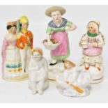 Five 19th century Staffordshire and Continental figures, one depicting a fish seller with basket,