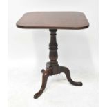 A George III mahogany square top tilt-top table, on gun barrel turned support and cabriole tripod