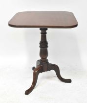 A George III mahogany square top tilt-top table, on gun barrel turned support and cabriole tripod