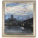 † FRANK HENDRY (British 1924-2009); oil on board, scene of boats on the River Mersey, with Liverpool