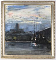 † FRANK HENDRY (British 1924-2009); oil on board, scene of boats on the River Mersey, with Liverpool