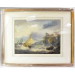 INDISTINCTLY SIGNED; watercolour, sailing boat on stormy waters near cliffs, signed lower right,