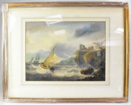 INDISTINCTLY SIGNED; watercolour, sailing boat on stormy waters near cliffs, signed lower right,