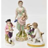 Three early 19th century porcelain figures comprising a girl with dog under her arm, height 13.
