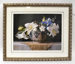 AFTER MARLOW; colour lithograph, still life of lilies, delphiniums and foxgloves in a Chinese blue