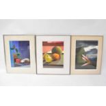 LOU SLATER; six watercolours still life, 'An Opening', 'Precious Fruits', 'Philodendron', 'Pears and