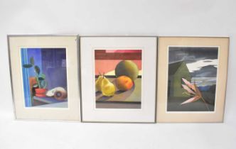 LOU SLATER; six watercolours still life, 'An Opening', 'Precious Fruits', 'Philodendron', 'Pears and
