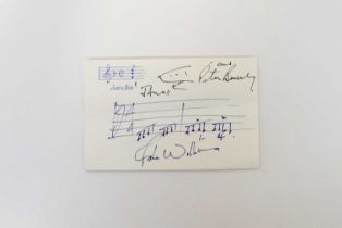 JAWS; a notecard signed by Peter Benchley and with musical notation for 'Jaws' theme, signed by John
