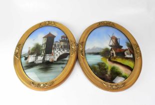 UNATTRIBUTED; two oils on convex glass, one scene with windmill, the other with scene of tower on