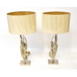 A pair of contemporary silvered table lamps with bark-effect central sections, height including