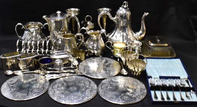 Various items of silver plate, to include a three-piece tea set, toast rack, two-branch epergne, hot