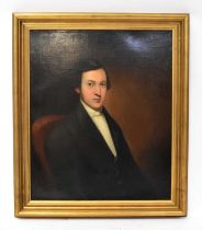 19TH CENTURY ENGLISH SCHOOL; oil on canvas, half portrait of a gentleman wearing a suit, unsigned,