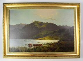 ALFRED DE BREANSKI SENIOR (1852-1928); a 19th century oil on canvas, cattle grazing by a lakeside,