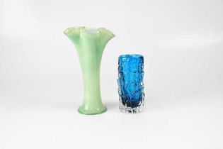 WHITEFRIARS; a Kingfisher Blue bark vase, height 15cm, together with a green swirled glass vase with