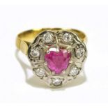 An 18ct yellow gold diamond and ruby heart-shaped dress ring, size M, approx. 4.7g.