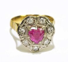 An 18ct yellow gold diamond and ruby heart-shaped dress ring, size M, approx. 4.7g.