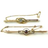 Two 9ct gold bar brooches, one a bezel set light blue stone in a split bar, length 5.5cm, the