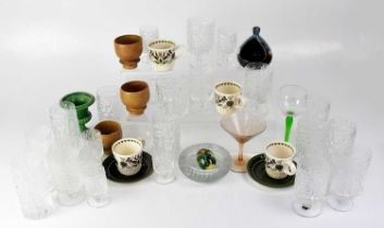 A collection of retro glass and ceramics to include studio pottery goblets and a set of 'bark