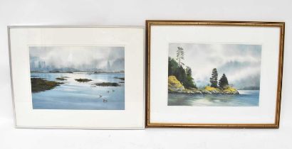 J AVISON; watercolour, a lakeside scene of pine trees with rocky shore, signed lower left, 31 x 46.