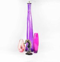 A small mixed lot of glass comprising a large amethyst-coloured bottle vase, height 99cm, a