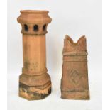 Two terracotta chimney stacks, the larger of octagonal form, height 99cm, the smaller in square