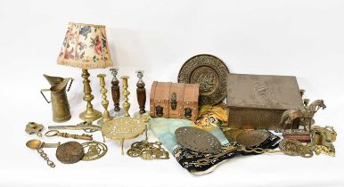 A quantity of mainly brassware, to include jugs, horse brasses, a coal box, candlesticks, also a