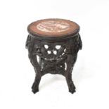 A Chinese carved hardwood jardinière stand, with marble inset panel to the top, height 37cm,