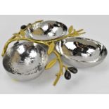 MICHAEL ARAM; a stainless steel olive branch gold triple compartment dish, no.175126, in