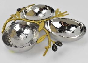 MICHAEL ARAM; a stainless steel olive branch gold triple compartment dish, no.175126, in