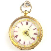 An 18ct gold ladies' small open face fob watch, the white enamelled dial set with Roman numerals,