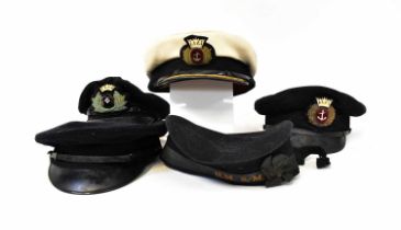 Four various peaked naval caps and a sub-mariners' hat (5).