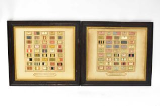 A pair of framed panels with military medal ribbons, each titled for the award and titled to the