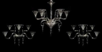 BACCARAT; a cut crystal 'Mille Nuits' six-branch chandelier by Mathias, the branches with flared