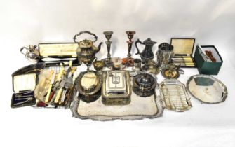 A quantity of silver plated items, including a large twin-handled tray with pierced border and