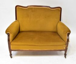 An Edwardian tulip wood strung mahogany parlour suite upholstered in a mushroom-coloured velour,