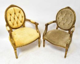 Two pairs of contemporary gilded button pressed open arm fauteuils, raised on reeded tapering