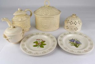 Six items of 20th century creamware, including two by Hartley Greens & Co Leeds Pottery, a pierced