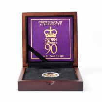 A 'Queen Elizabeth II 90th Birthday £1 Proof Gold Coin', issued by Westminster Mint, encapsulated