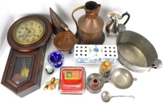 Various mixed collectibles to include a mahogany cased wall clock, a pewter twin-handled wine