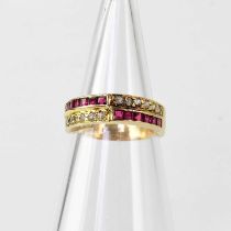 A 14ct gold ring in the form of a band set with rows of diamonds and rubies, stamped '585', size