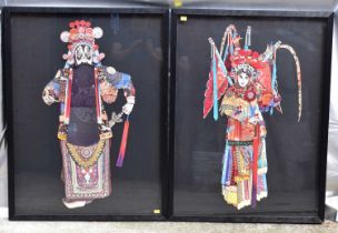 A pair of modern box frame pictures, each featuring a 3D decoupage Japanese figure, one of a