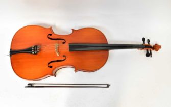 A contemporary cello, the bridge stamped 'Bausch', length of back 76cm, together with a bow and a