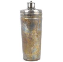 A 1930s Art Deco silver plated flask with screw lid, and two similar sized tapered beakers, all