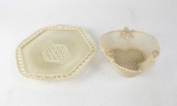 BELLEEK; a c.1880 First Period trefoil basket and similar plate (2). Condition Report: One section