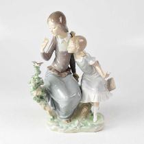 LLADRÓ; a figure group of a mother and daughter seated on a bough, looking at a bird, height 30cm.