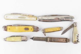 Six various penknives, including a mother of pearl fruit knife with silver blade and a pair of